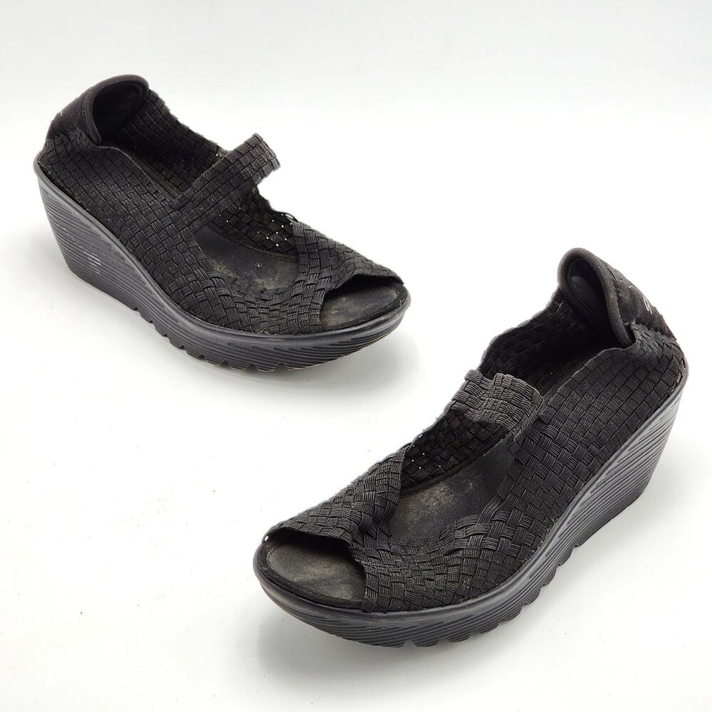 Skechers Memory Foam Woven Slip On Wedges Shoes Black Size 9.5